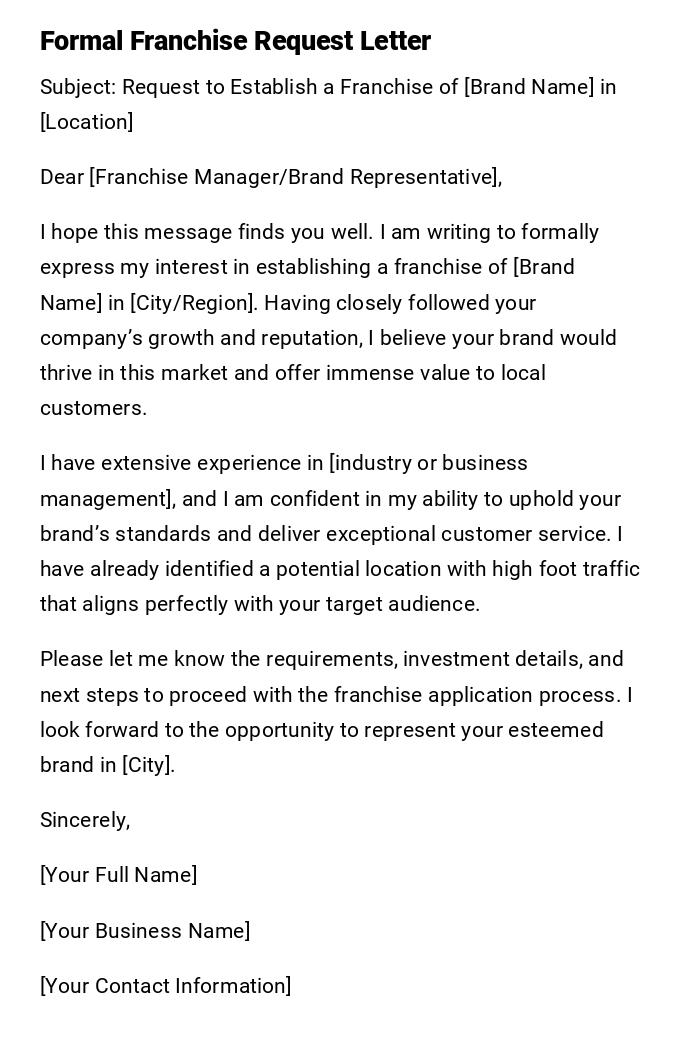 Formal Franchise Request Letter Formal Franchise Request Letter