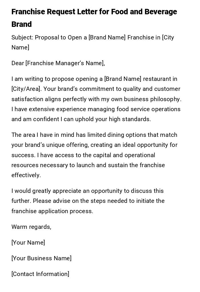 Franchise Request Letter for Food and Beverage Brand Franchise Request Letter for Food and Beverage Brand