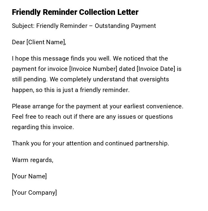 Friendly Reminder Collection Letter