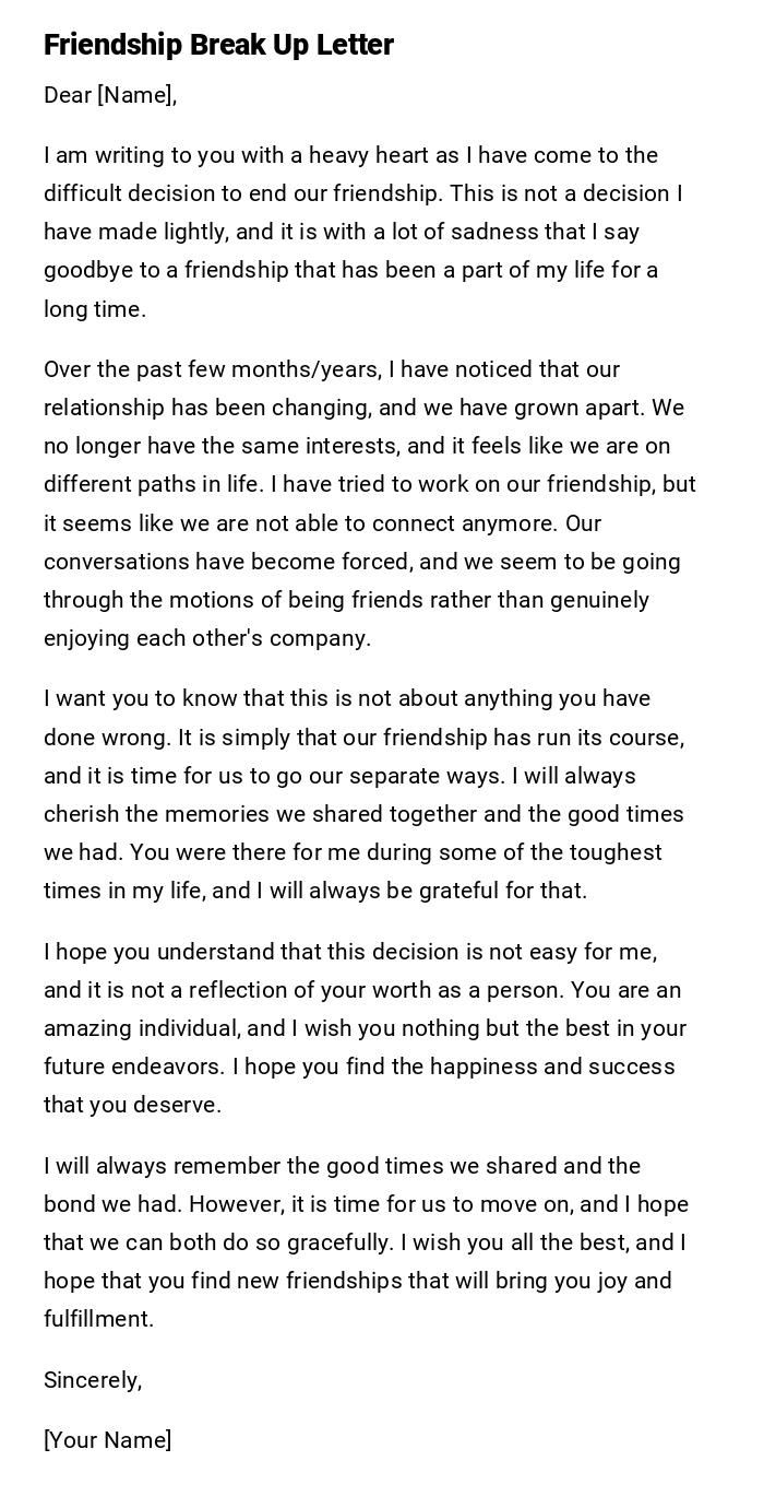 Friendship Break Up Letter