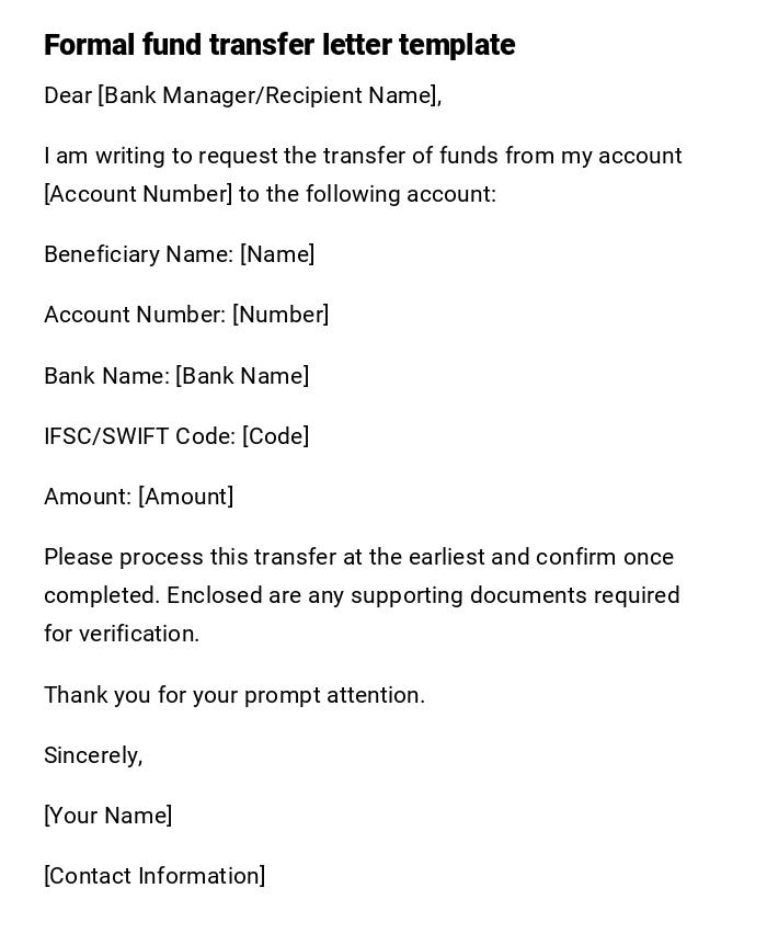 Formal fund transfer letter template Formal fund transfer letter template