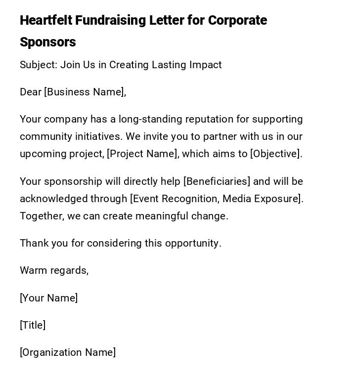 Heartfelt Fundraising Letter for Corporate Sponsors Heartfelt Fundraising Letter for Corporate Sponsors
