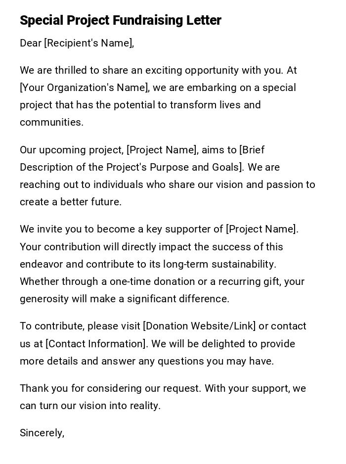 Special Project Fundraising Letter