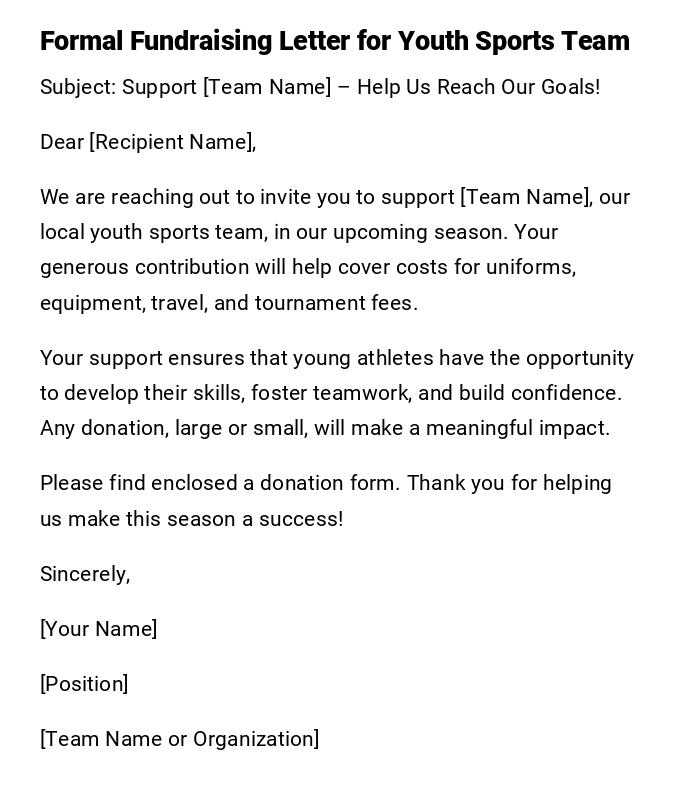 Formal Fundraising Letter for Youth Sports Team