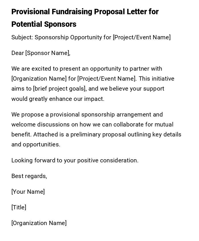 Provisional Fundraising Proposal Letter for Potential Sponsors Provisional Fundraising Proposal Letter for Potential Sponsors