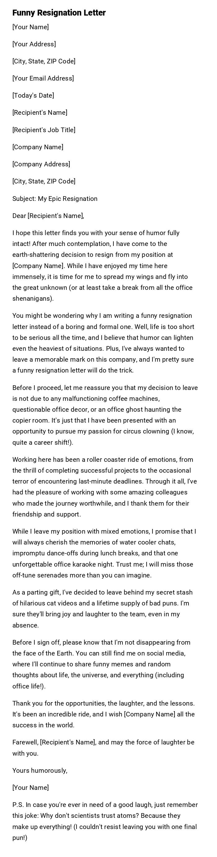 Funny Resignation Letter