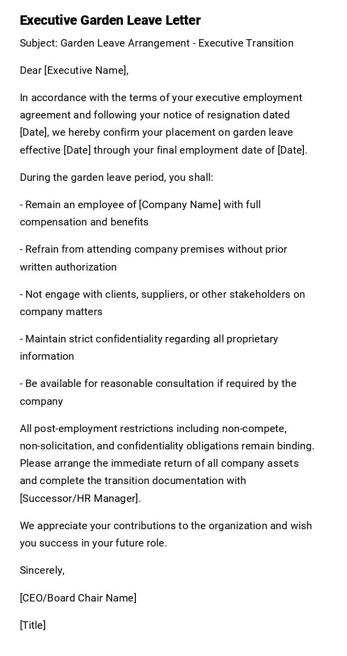 Executive Garden Leave Letter Executive Garden Leave Letter