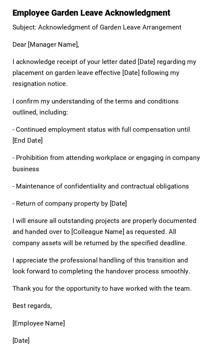 Employee Garden Leave Acknowledgment Employee Garden Leave Acknowledgment