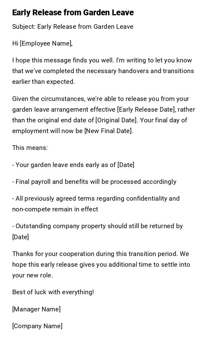 Early Release from Garden Leave Early Release from Garden Leave
