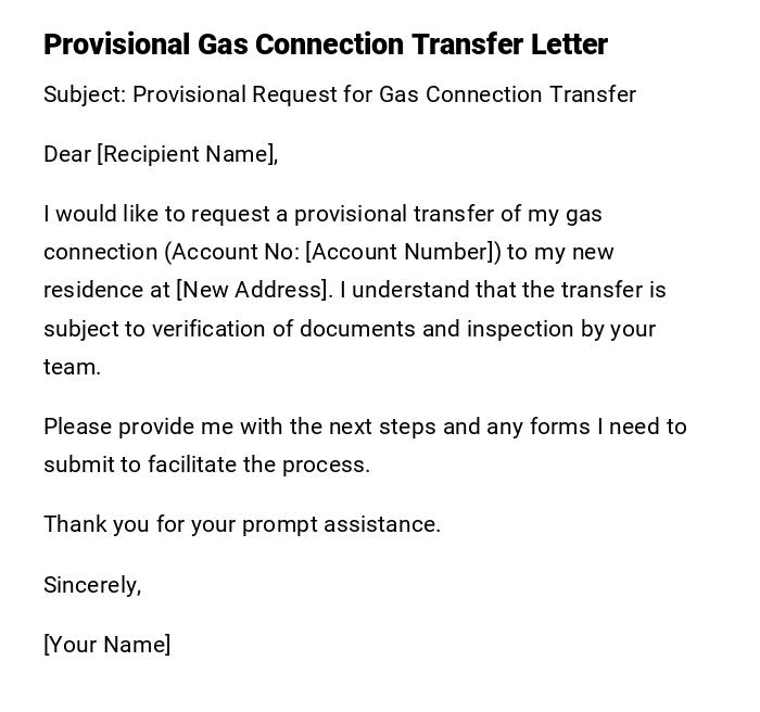Provisional Gas Connection Transfer Letter Provisional Gas Connection Transfer Letter