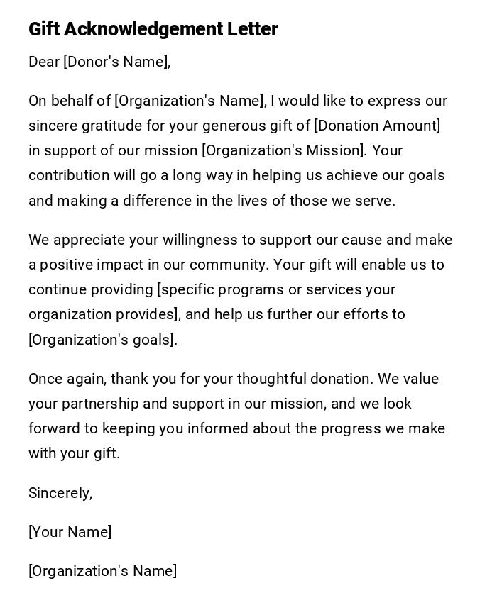 Gift Acknowledgement Letter Gift Acknowledgement Letter