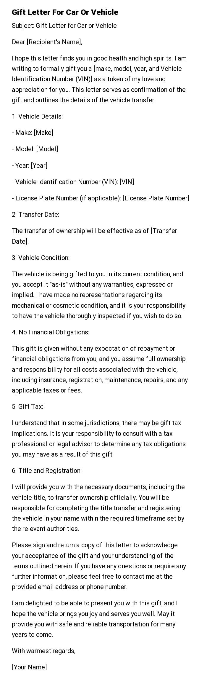 Gift Letter For Car Or Vehicle