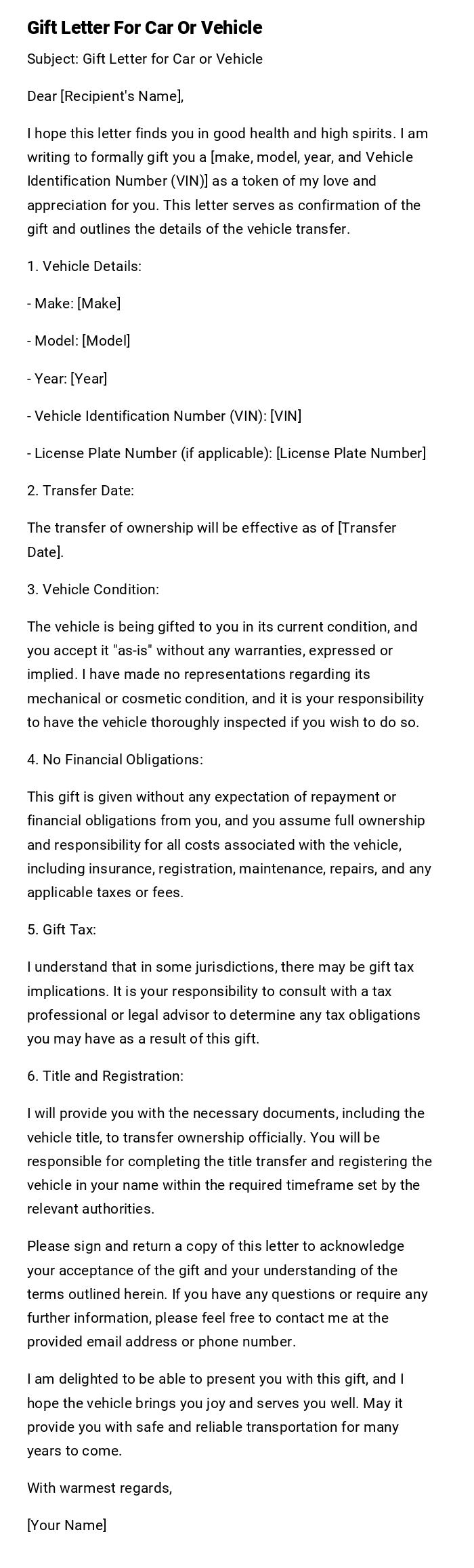 Gift Letter For Car Or Vehicle