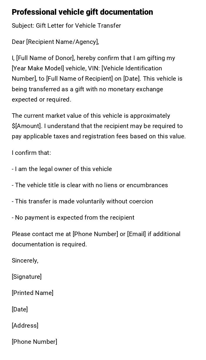 Professional vehicle gift documentation