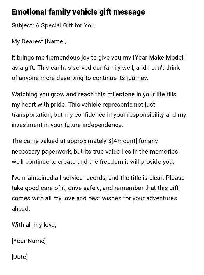 Emotional family vehicle gift message