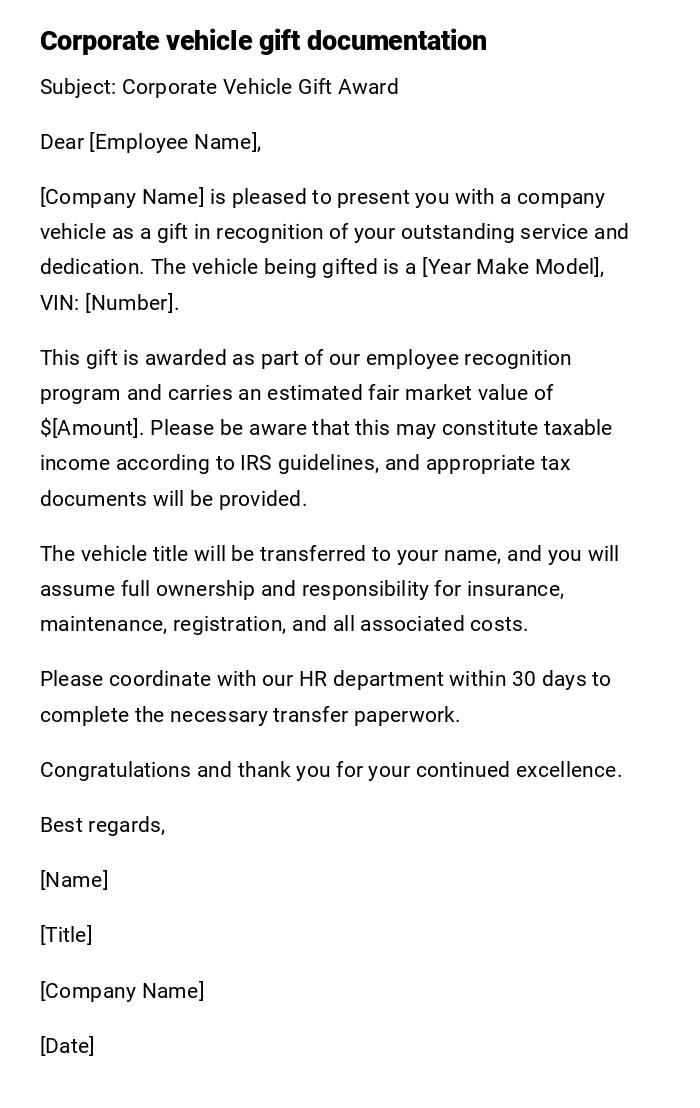 Corporate vehicle gift documentation