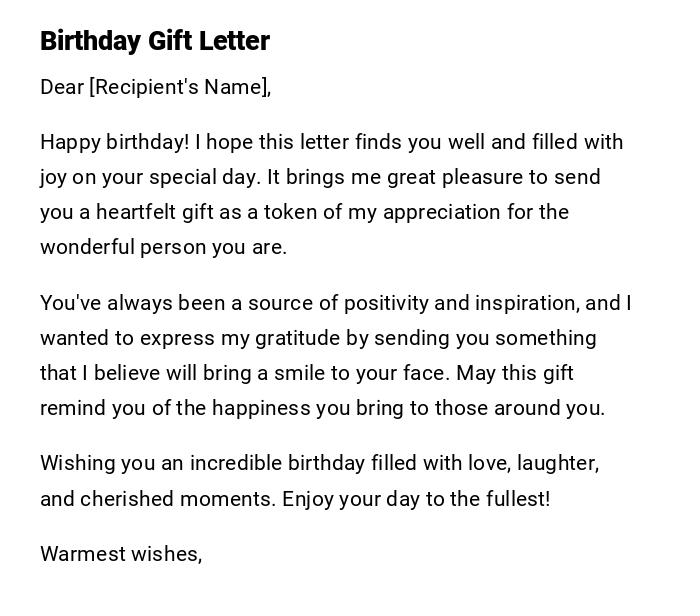 Birthday Gift Letter Birthday Gift Letter