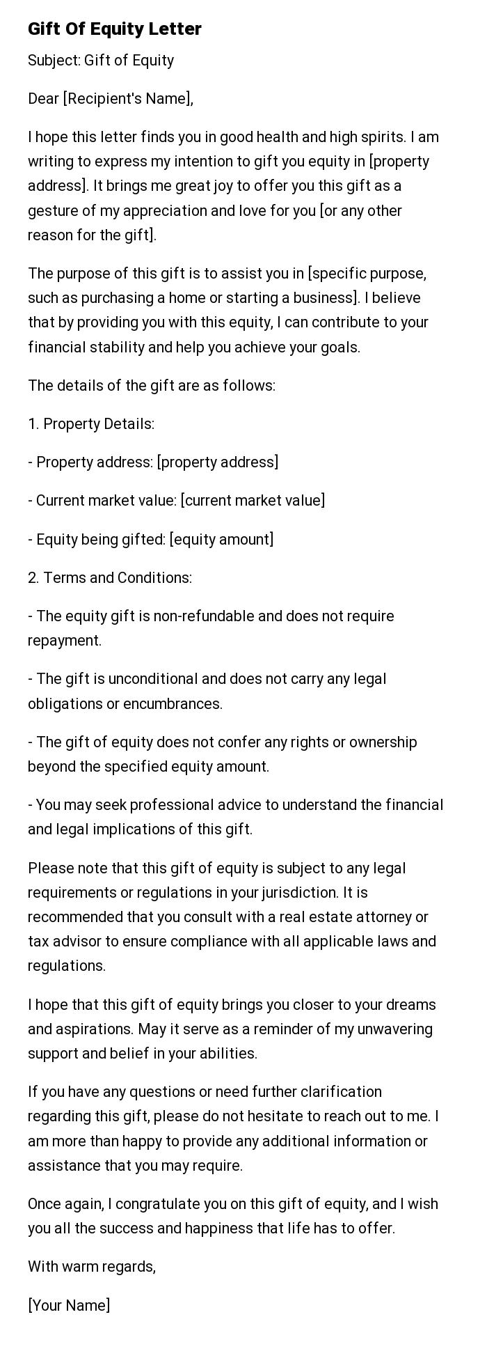 Gift Of Equity Letter