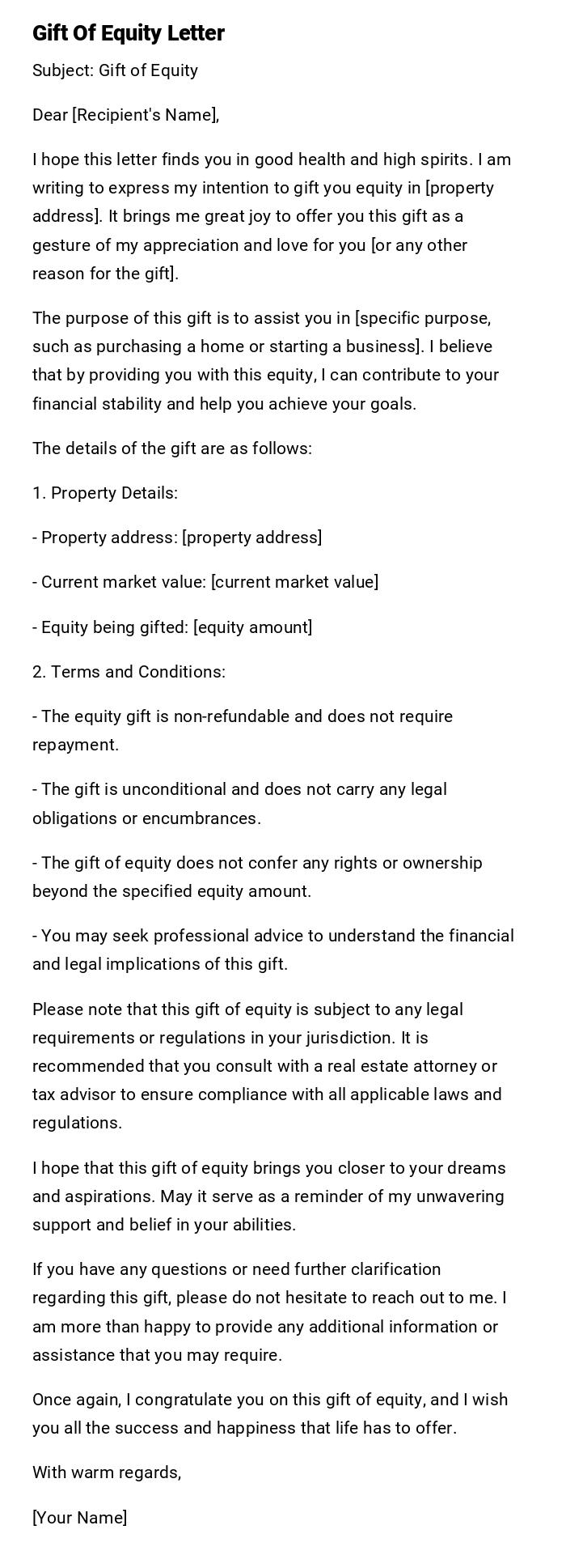 Gift Of Equity Letter