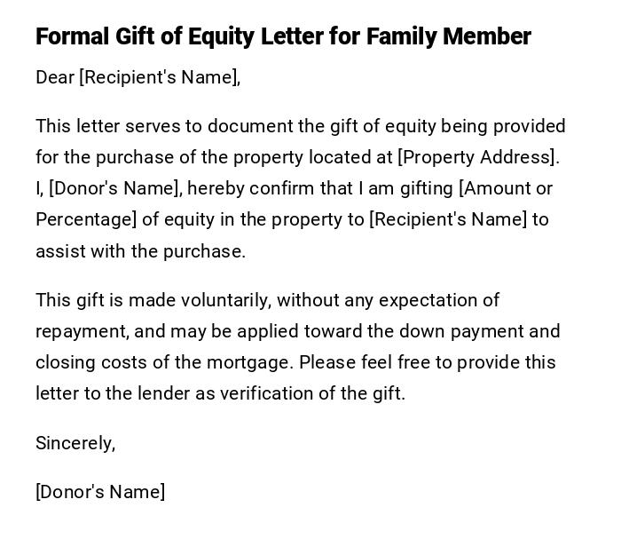 Formal Gift of Equity Letter for Family Member