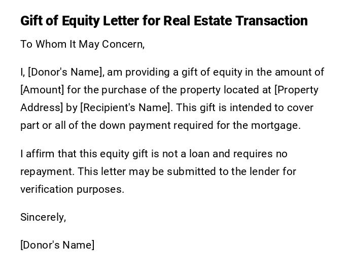 Gift of Equity Letter for Real Estate Transaction