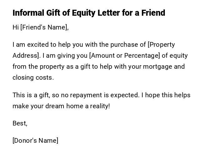 Informal Gift of Equity Letter for a Friend