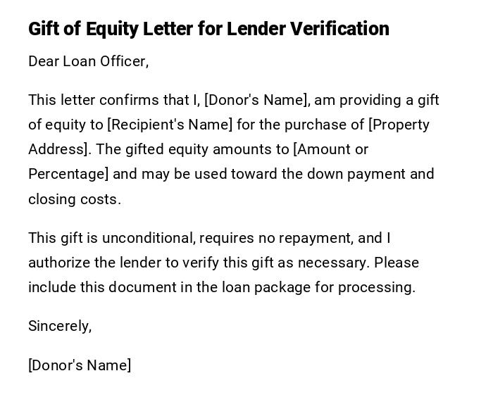 Gift of Equity Letter for Lender Verification