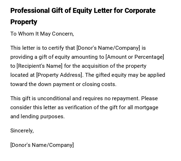Professional Gift of Equity Letter for Corporate Property