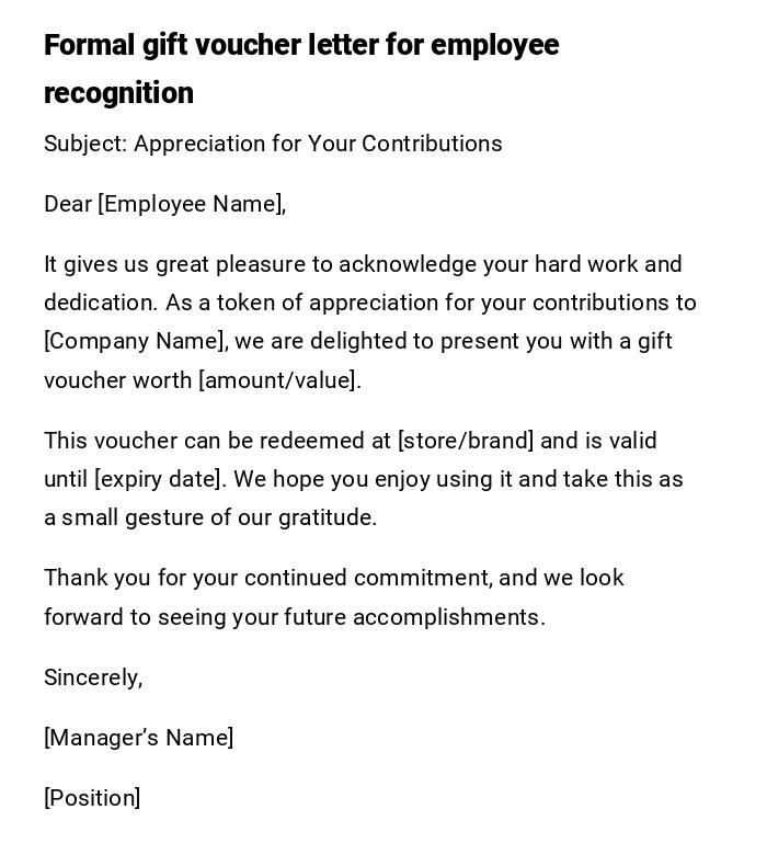 Formal gift voucher letter for employee recognition