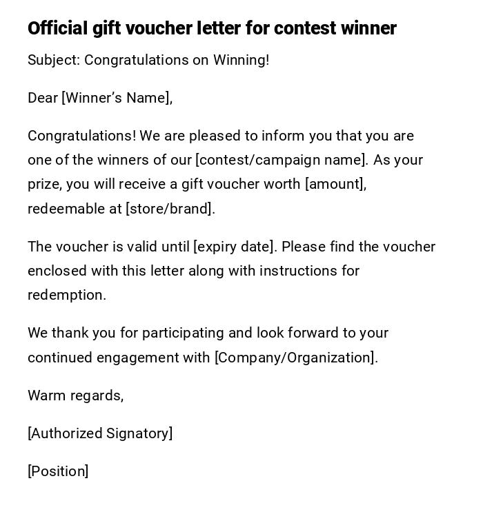 Official gift voucher letter for contest winner