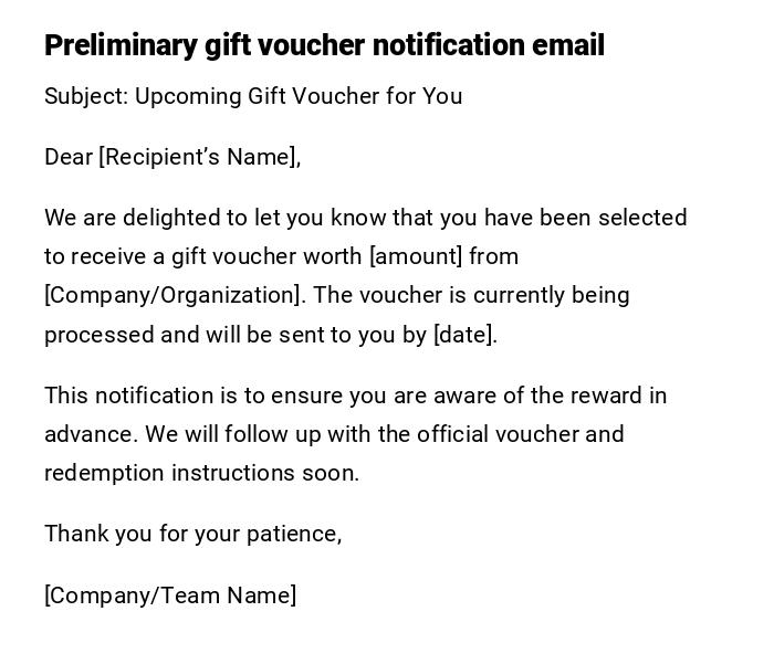 Preliminary gift voucher notification email
