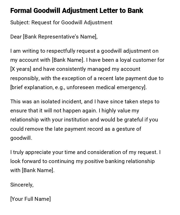 Formal Goodwill Adjustment Letter to Bank Formal Goodwill Adjustment Letter to Bank