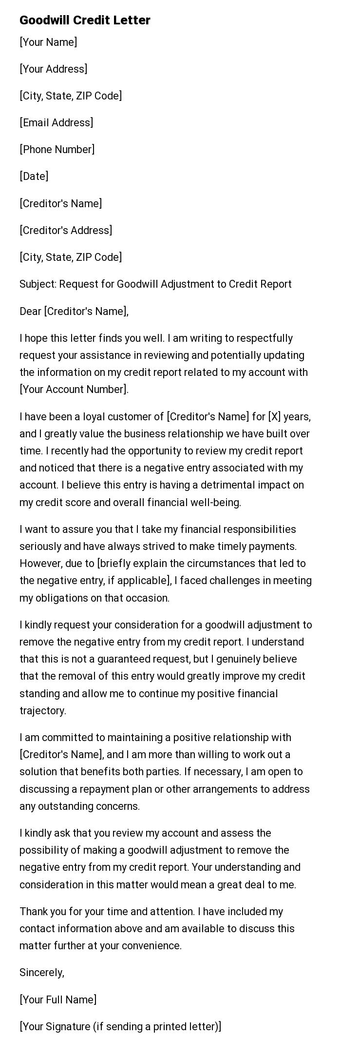 Goodwill Credit Letter