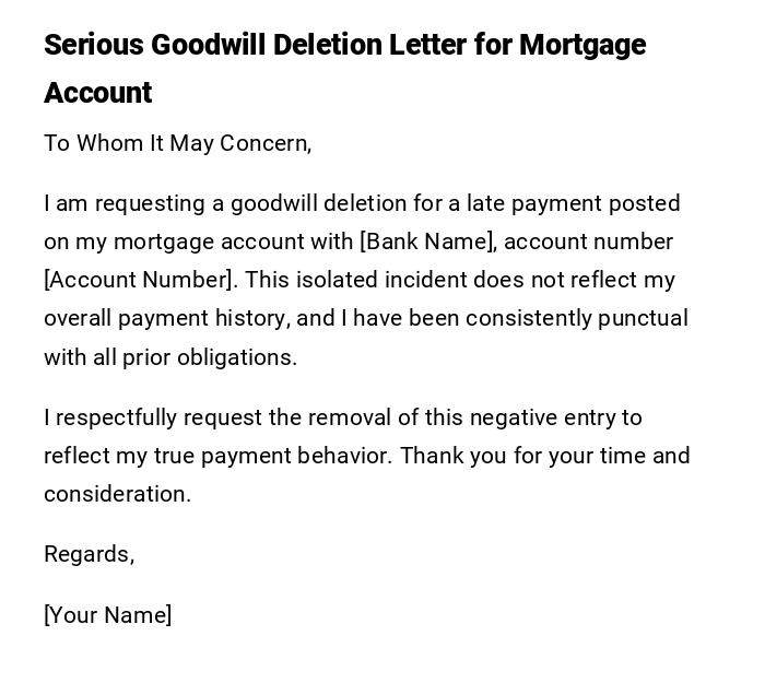 Serious Goodwill Deletion Letter for Mortgage Account Serious Goodwill Deletion Letter for Mortgage Account