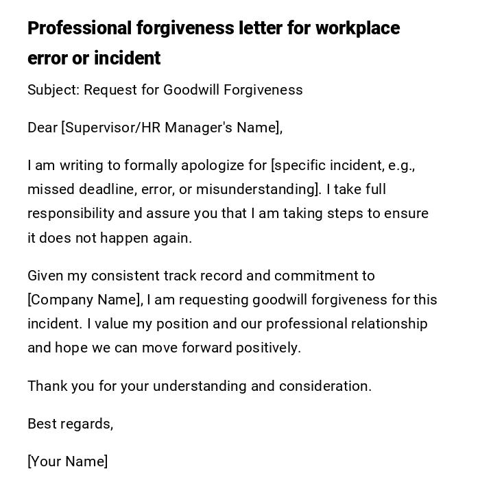 Professional forgiveness letter for workplace error or incident Professional forgiveness letter for workplace error or incident