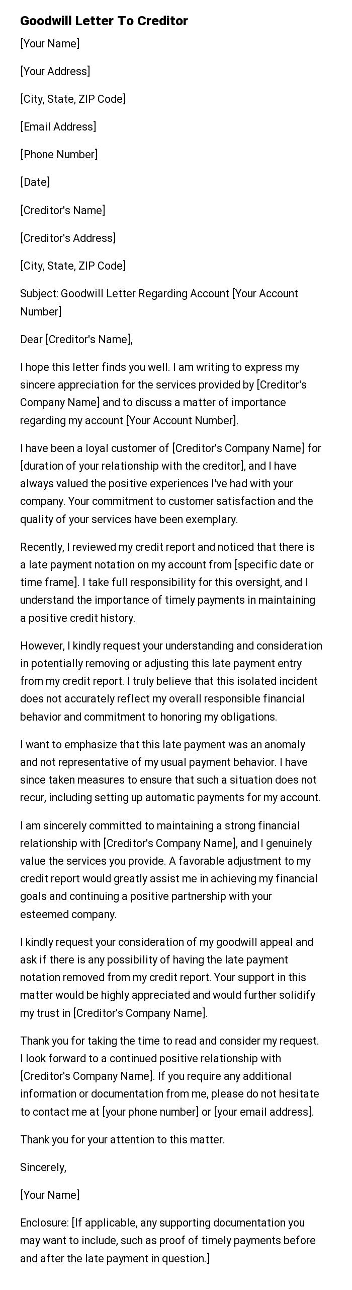 Goodwill Letter To Creditor