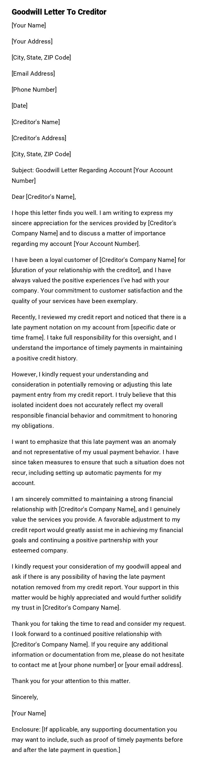 Goodwill Letter To Creditor