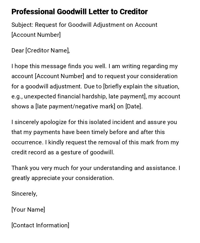 Professional Goodwill Letter to Creditor Professional Goodwill Letter to Creditor