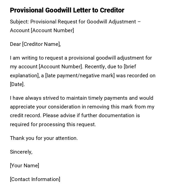 Provisional Goodwill Letter to Creditor Provisional Goodwill Letter to Creditor