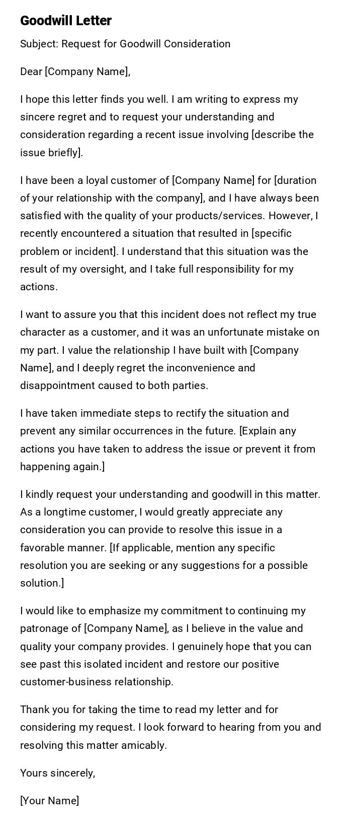 Goodwill Letter Goodwill Letter