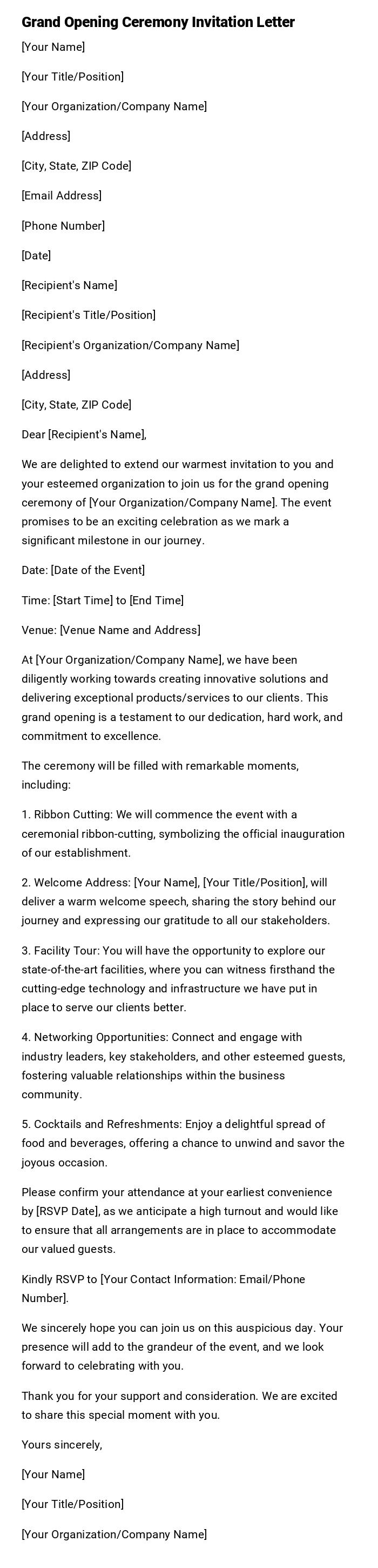 Grand Opening Ceremony Invitation Letter