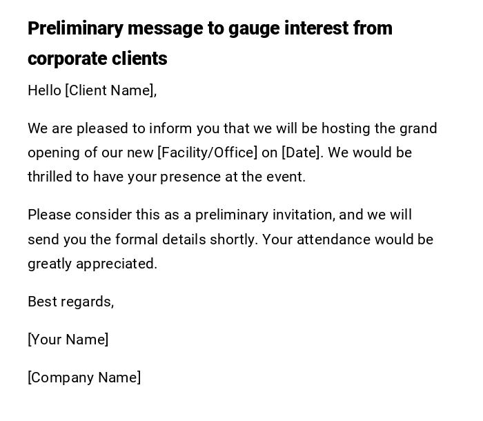 Preliminary message to gauge interest from corporate clients Preliminary message to gauge interest from corporate clients