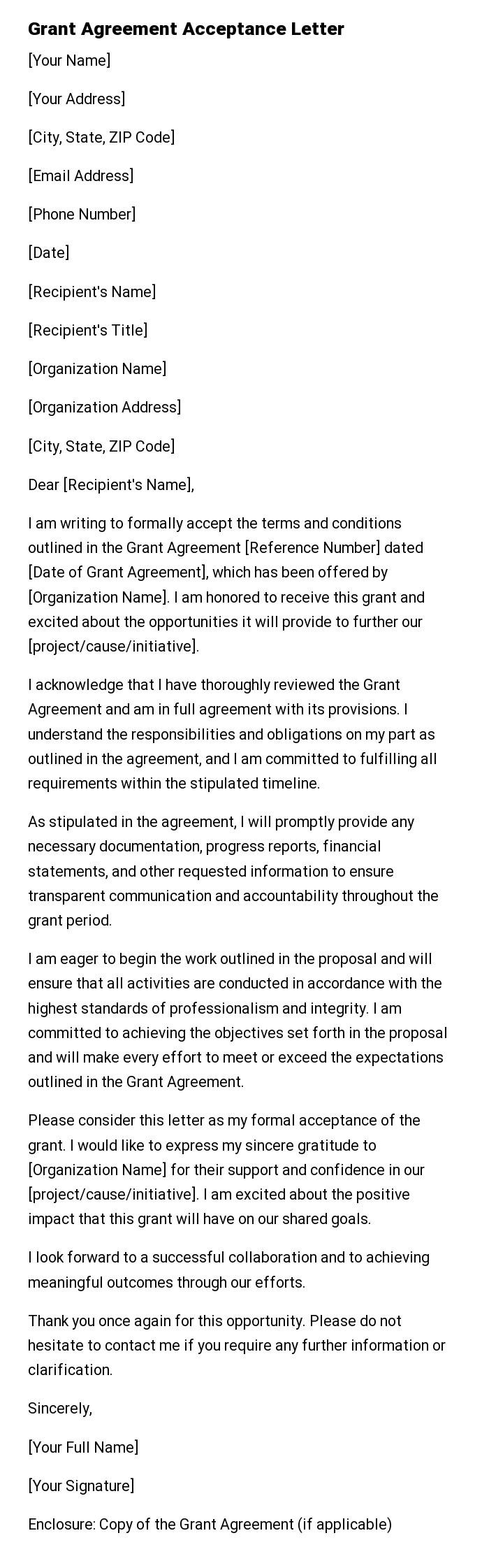 Grant Agreement Acceptance Letter