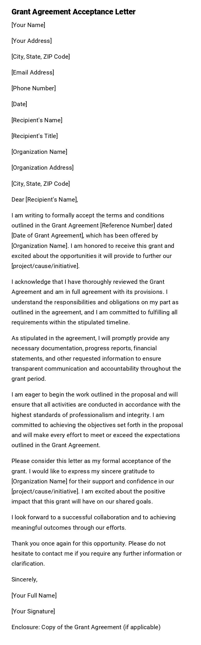 Grant Agreement Acceptance Letter