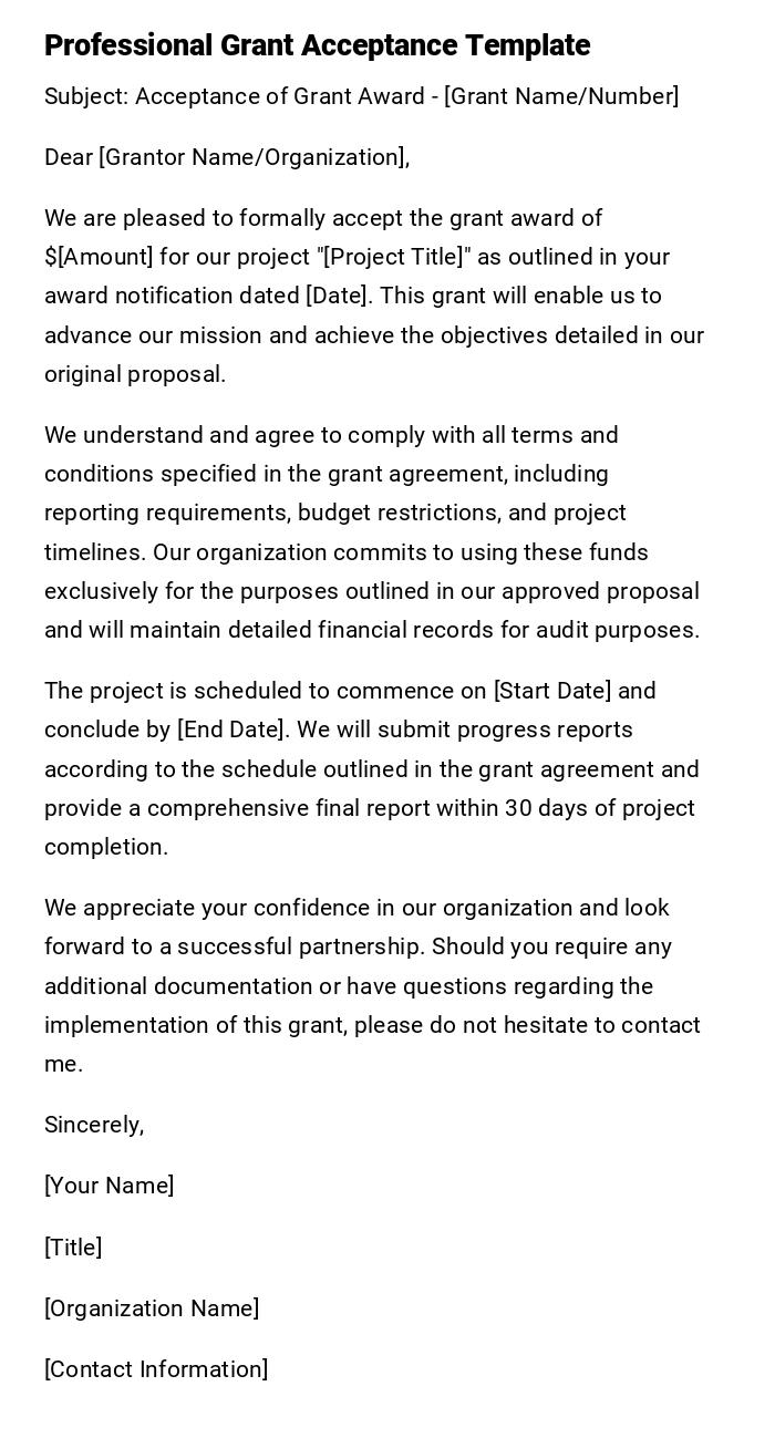 Professional Grant Acceptance Template Professional Grant Acceptance Template