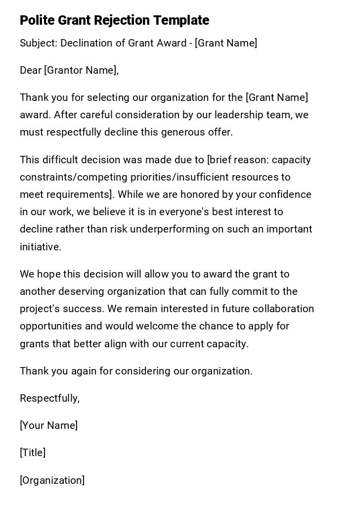 Polite Grant Rejection Template Polite Grant Rejection Template