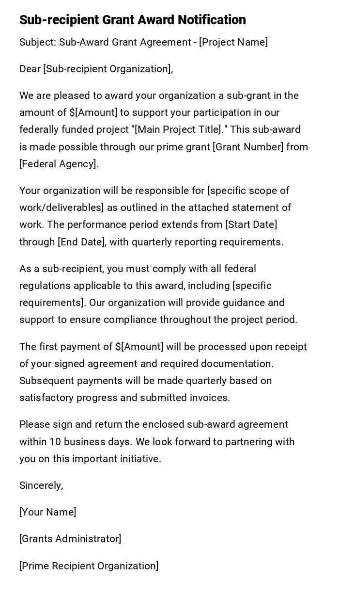 Sub-recipient Grant Award Notification Sub-recipient Grant Award Notification