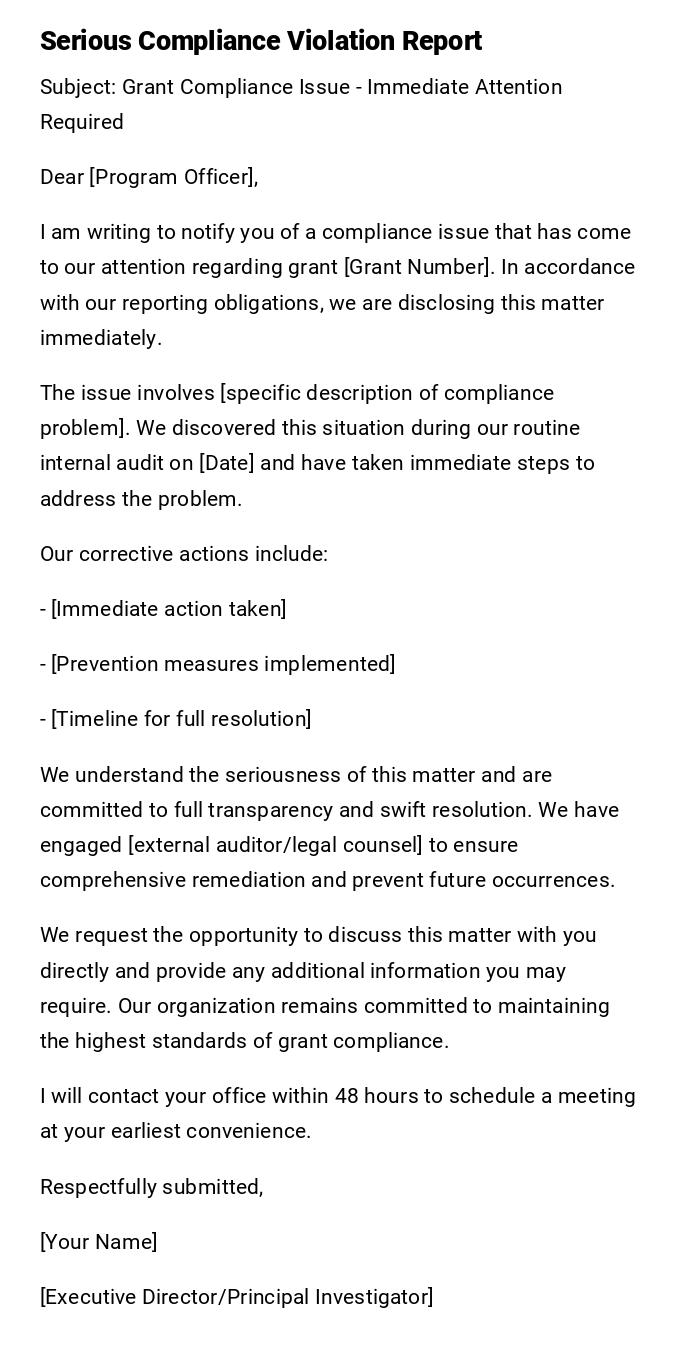 Serious Compliance Violation Report Serious Compliance Violation Report
