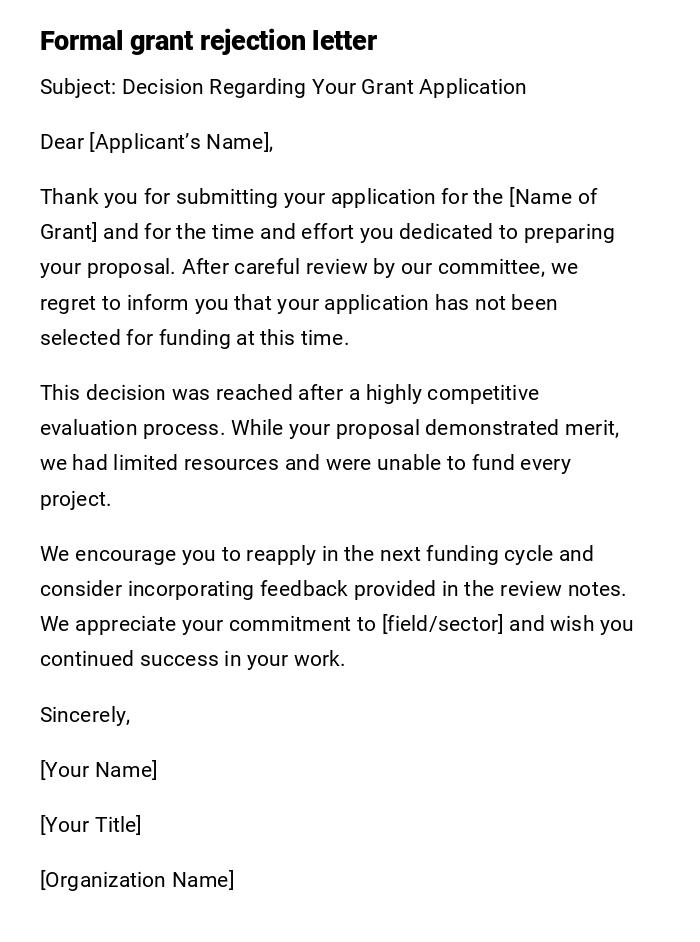 Formal grant rejection letter Formal grant rejection letter