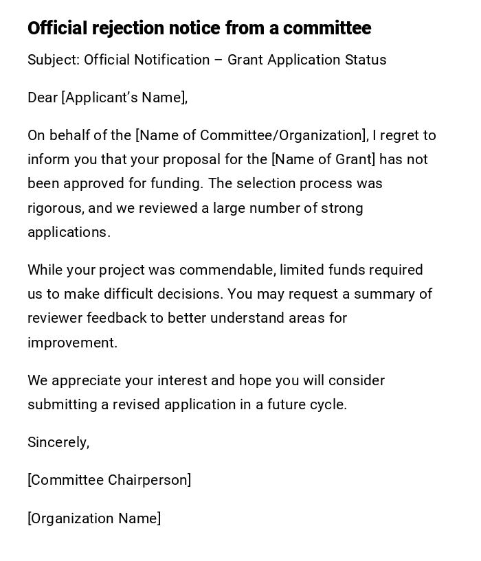 Official rejection notice from a committee Official rejection notice from a committee